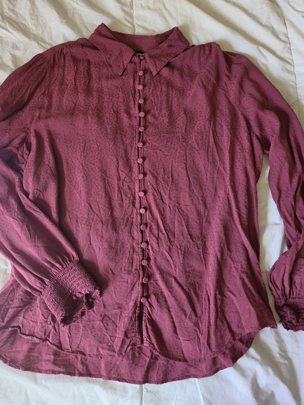Express Smocked Cuff Dobby Dot Long Sleeve Button Down Blouse Burgundy Size XL